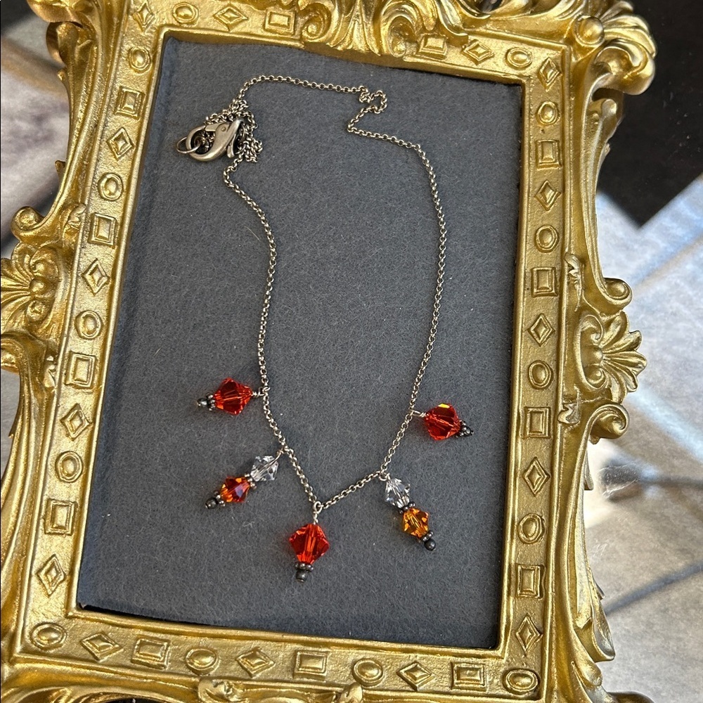 Women Jewelry Silver Necklace with Fire Red and Orange Crystal Drops